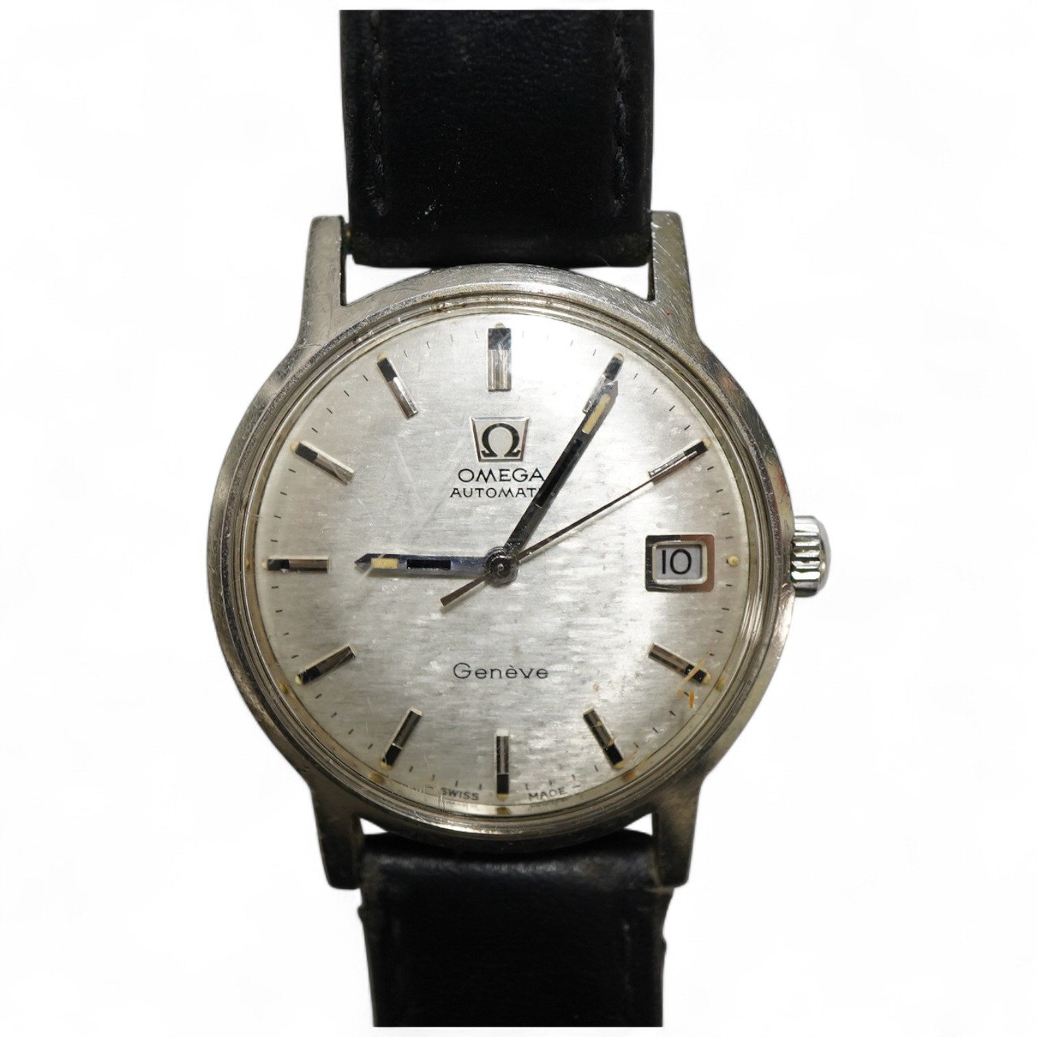 A gentleman's 1960's? stainless steel Omega Automatic wrist watch, with baton numerals and date aperture, case diameter 35mm, on an associated strap, no box or papers.